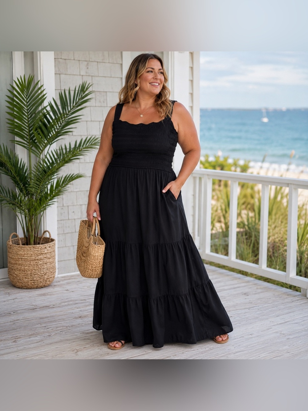 NWT LEA Black Smocked Cotton Maxi Dress 1X Tiered Pockets Coastal Resort